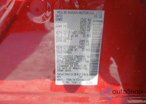 2018 Nissan Rogue Sv from USA, damaged, VIN 5N1AT2MV3JC847264